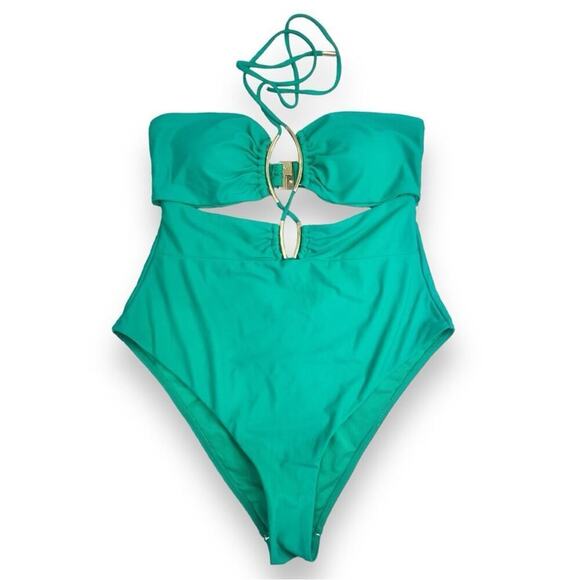 River Island - Women’s Emerald Green Strappy High Cut One Piece Swimsuit - Picture 13 of 14